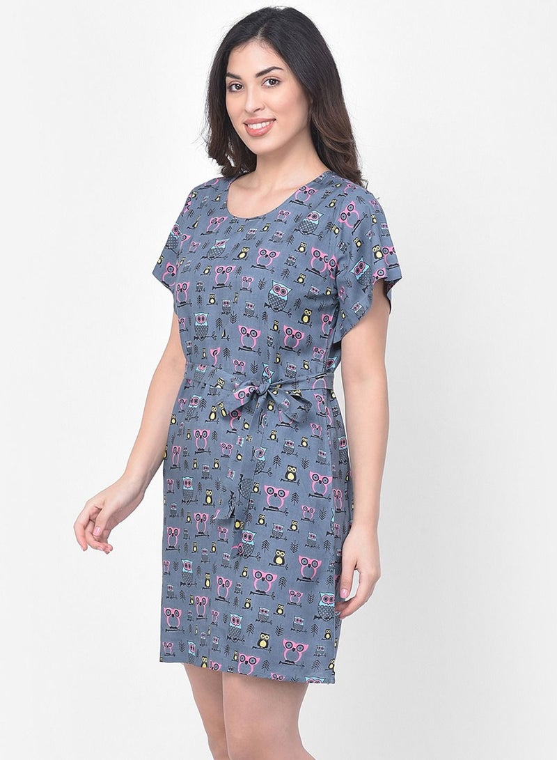Clovia Owl Print Short Night Dress In Grey - Cotton Rich - Image 3