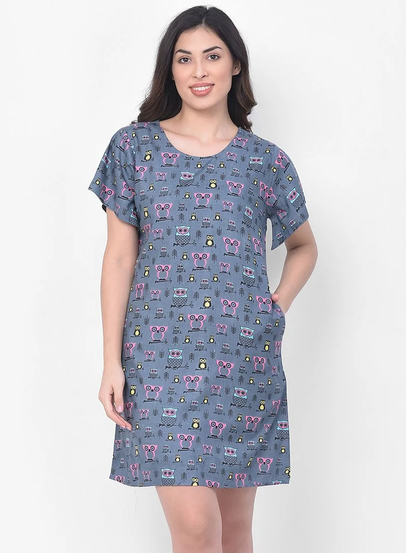 كلوفيا Clovia Owl Print Short Night Dress In Grey - Cotton Rich