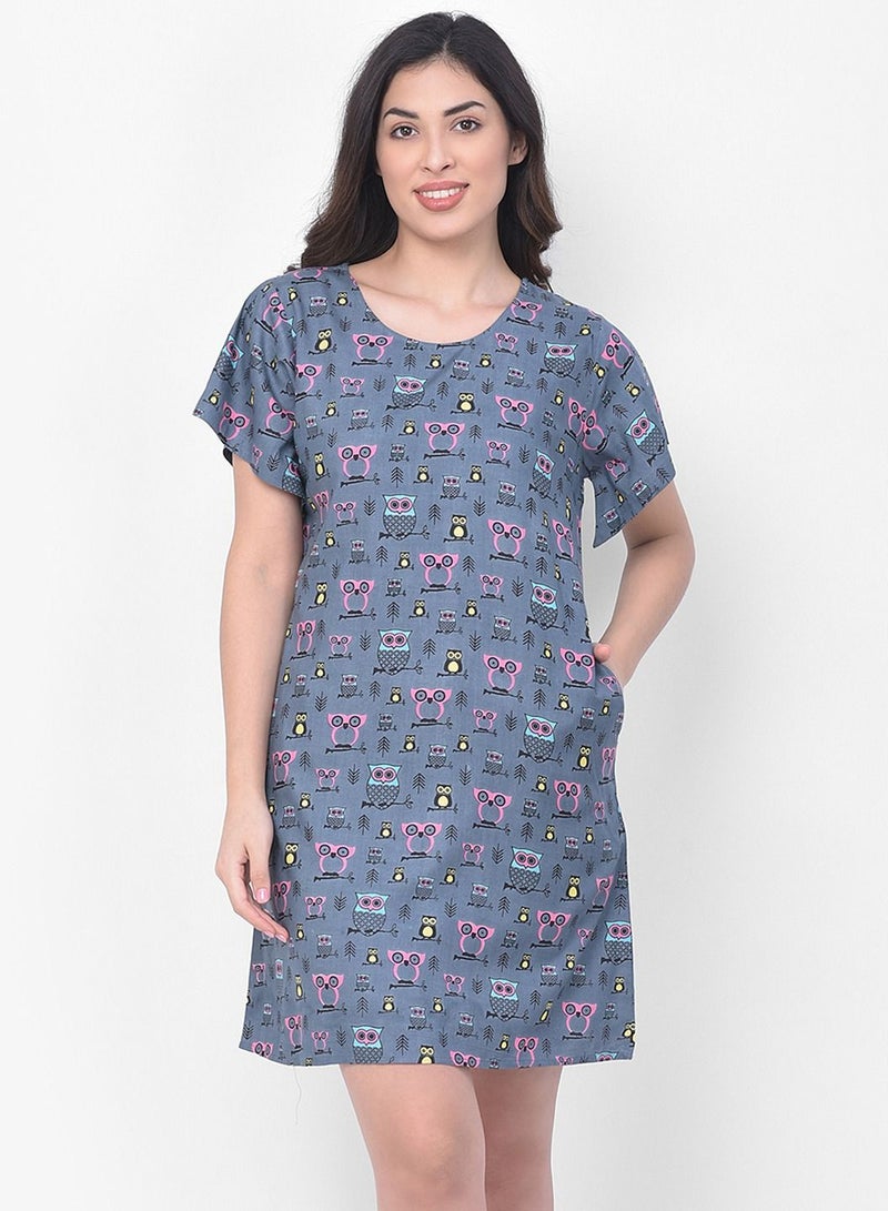 Clovia Owl Print Short Night Dress In Grey - Cotton Rich - Image 2