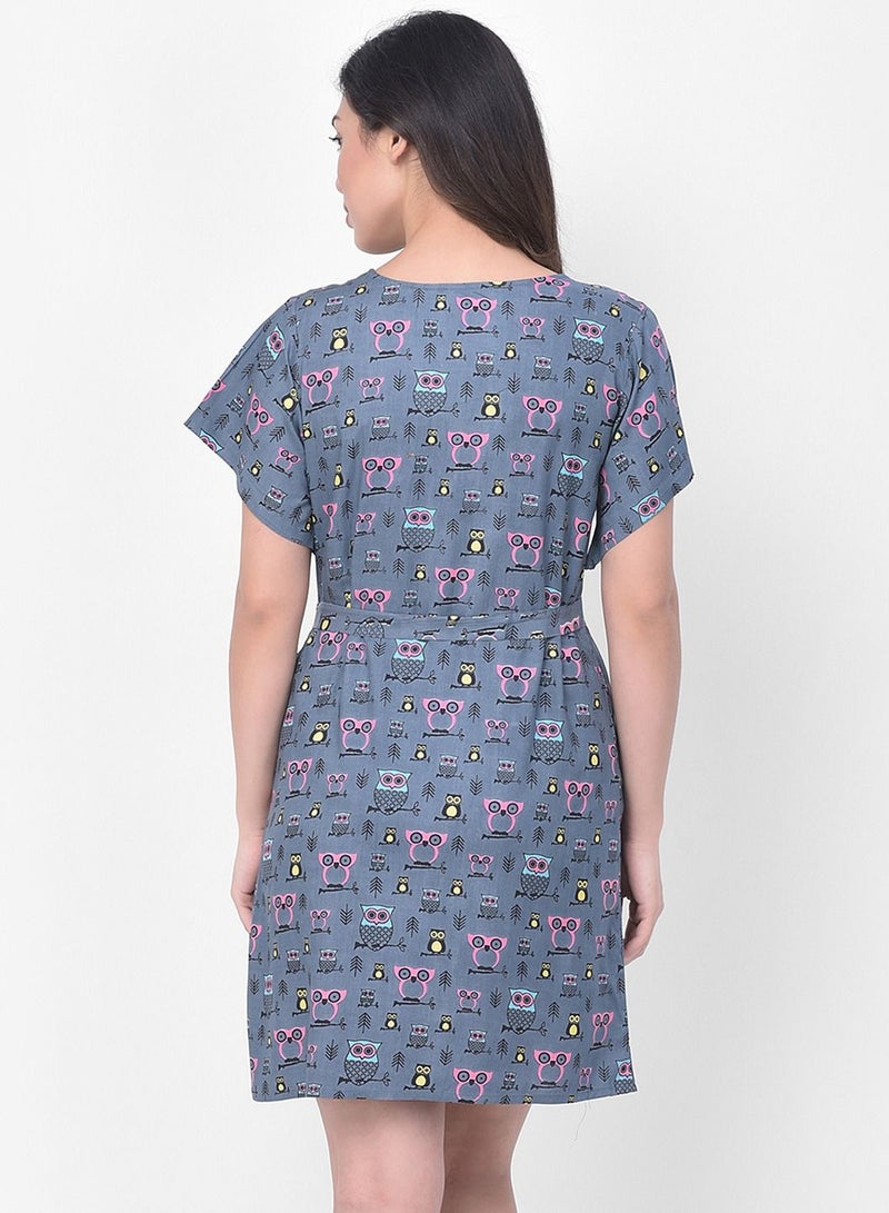 Clovia Owl Print Short Night Dress In Grey - Cotton Rich - Image 5