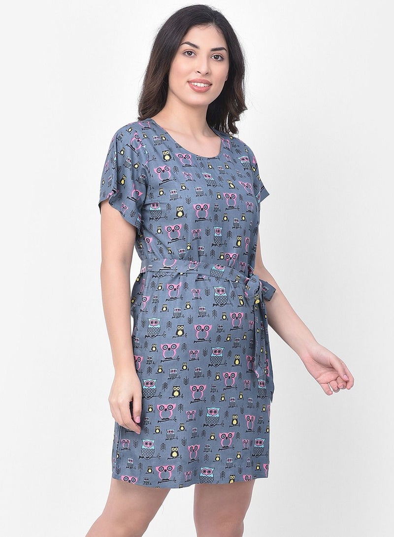 Clovia Owl Print Short Night Dress In Grey - Cotton Rich - Image 4