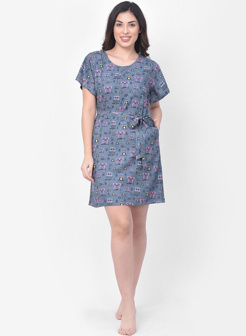 Clovia Owl Print Short Night Dress In Grey - Cotton Rich - Image 1