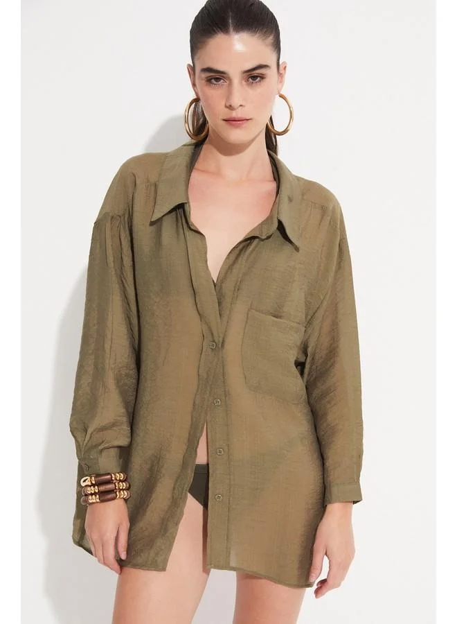 JUNE June Women Viscose Blend Pocket Detailed Woven Shirt Khaki