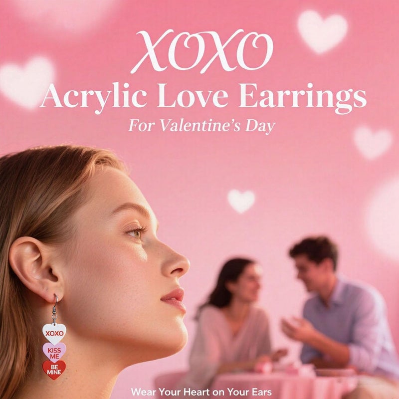 ANGLEQUEEN Valentines Day Earrings for Women Love Heart Cowboy Message Printed Dangle Earrings Red Pink Acrylic Heart Earrings Valentine's Day Party Jewelry (XOXO) - Image 2