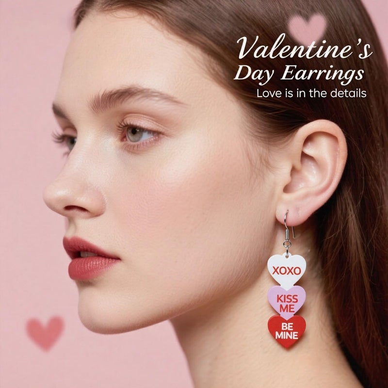 ANGLEQUEEN Valentines Day Earrings for Women Love Heart Cowboy Message Printed Dangle Earrings Red Pink Acrylic Heart Earrings Valentine's Day Party Jewelry (XOXO) - Image 3