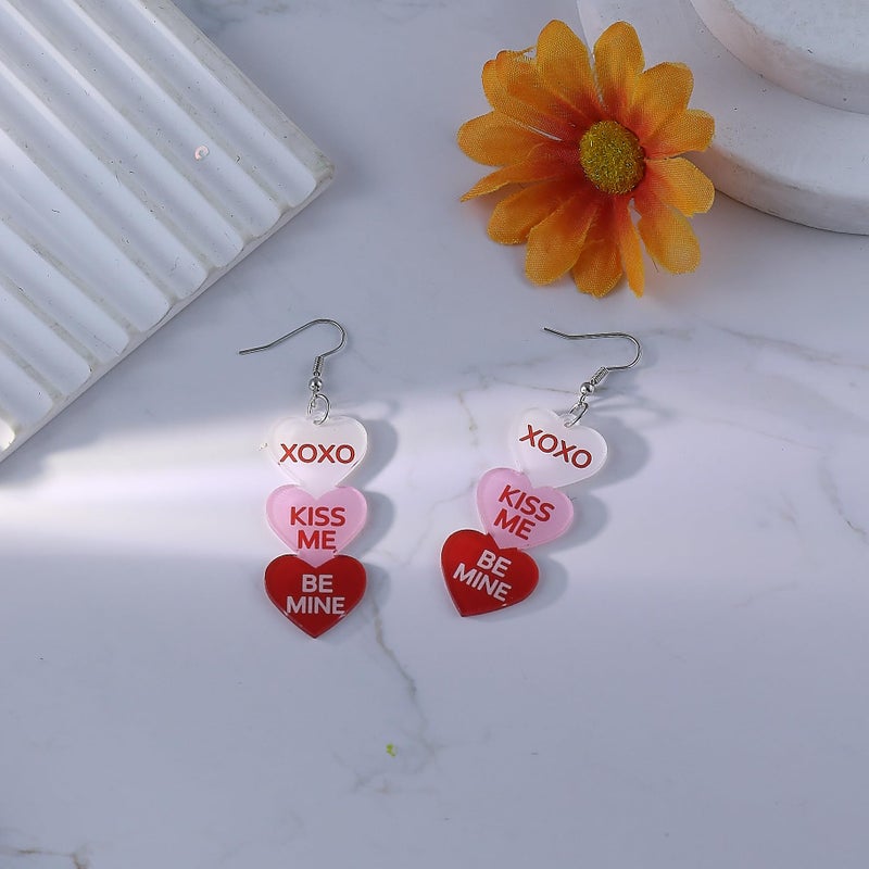 ANGLEQUEEN Valentines Day Earrings for Women Love Heart Cowboy Message Printed Dangle Earrings Red Pink Acrylic Heart Earrings Valentine's Day Party Jewelry (XOXO) - Image 5
