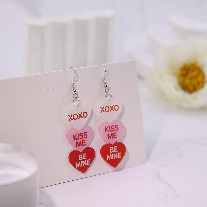 ANGLEQUEEN Valentines Day Earrings for Women Love Heart Cowboy Message Printed Dangle Earrings Red Pink Acrylic Heart Earrings Valentine's Day Party Jewelry (XOXO) - Image 4