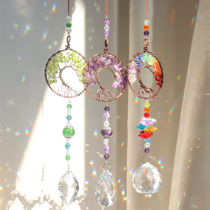 LPKADQA Sun Catcher Crystal Hanging Tree of Life SunCatchers Healing Crystals for Indoor Window Home Decor Car Charms Pack of 3 