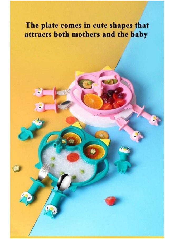 StarAndDaisy - أطباق أطفال مع شفاطات من السيليكون مع مقسمات شفط للأطفال خالية من مادة BPA آمنة للاستخدام في الميكروويف وغسالة الأطباق مع مجموعة من الملاعق (وردي فاين كيتي) - Image 1