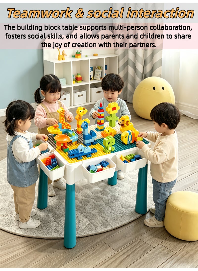 loven This 6-in-1 building block table set includes 195 building blocks, a flip-up activity table (for drawing and sand play), and a leak-proof design. Suitable for children aged 3-10. - Image 2