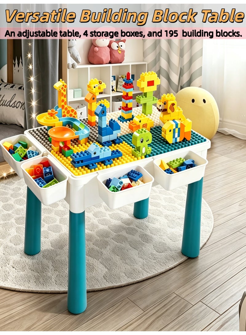 loven This 6-in-1 building block table set includes 195 building blocks, a flip-up activity table (for drawing and sand play), and a leak-proof design. Suitable for children aged 3-10. - Image 1