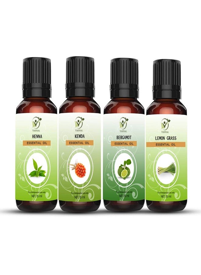 افتراضي مجموعة افتراضية من 4 زيوت عطرية: البرغموت، الكيودا، عشبة الليمون، والحناء - Image 1