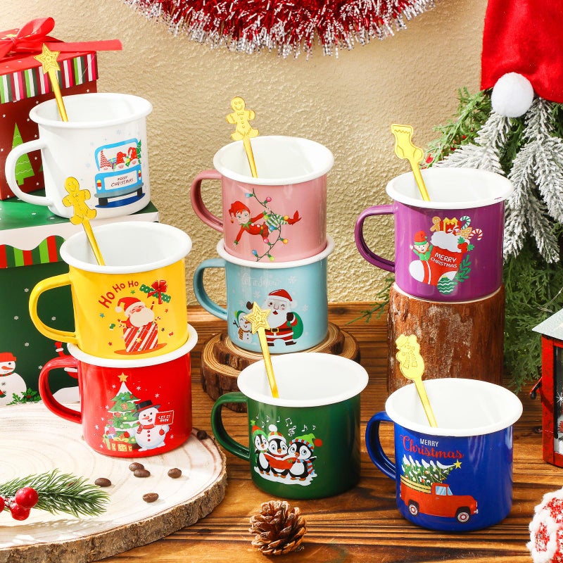 Sliner 8 Set Christmas Coffee Mugs with Christmas Spoon 12 Oz Holiday Coffee Mug Enamel Mug Hot Cocoa Design Christmas Gift Mugs for Friends Coworker Office Home Cute