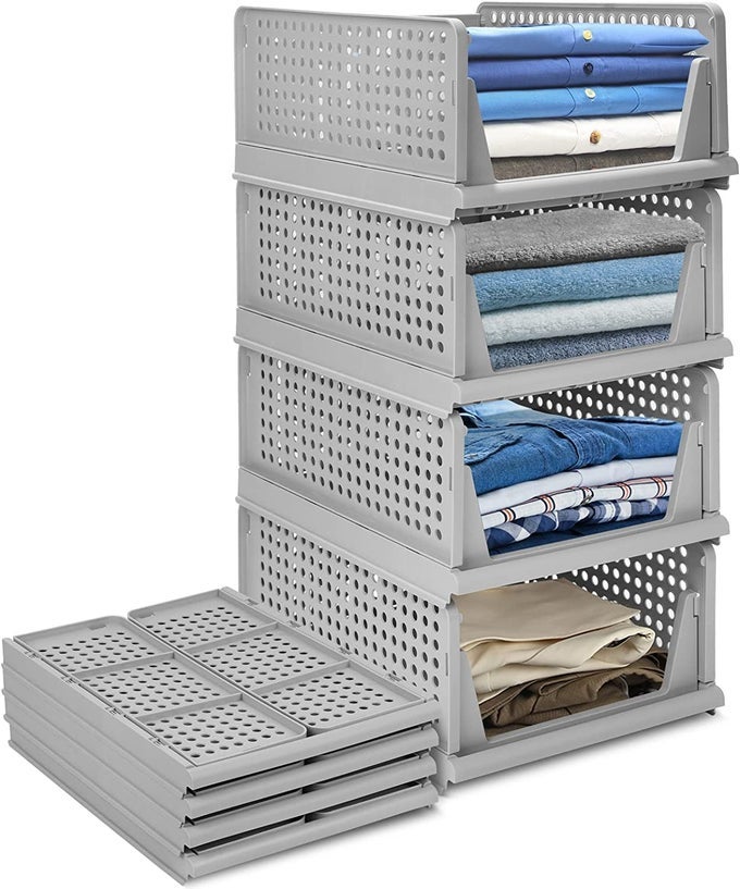 CLOTHES ORGANIZER FOR WARDROBE CUPBOARD ORGANIZER FOR CLOTHES FOLDABLE AND STACKABLE CLOSET ORGANIZER DRAWER ORGANIZER FOR CLOTHES MULTI PURPOSE PLASTIC SHIRTS TOPS GREY PACK OF 4