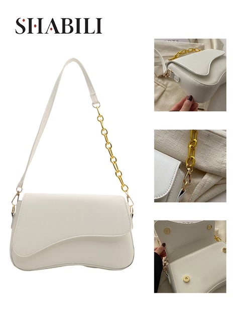 Women Cross Bags PU Leather Crossbody Bag, Ladies Large-Capacity Shoulder Sling Bag with Gold Chain Accent Magnetic Snap for Daily Casual Party Travel, Handbag for Student Teenager Youth (White)