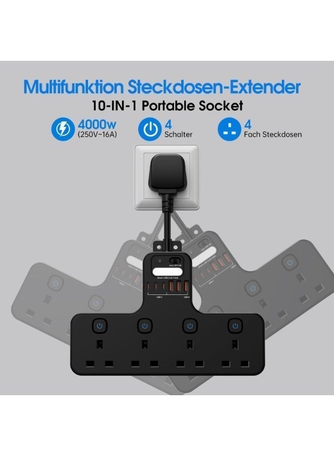 مقبس تمديد جداري بريطاني 10 في 1 | 4 مقابس بريطانية + 3 منافذ USB-C + 3 منافذ USB-A، مفاتيح تحكم منفصلة لكل مقبس، مصباح ليلي ذكي بمستشعر ضوء، محول طاقة محمول قابل للتثبيت على الحائط مناسب للإمارات والسعودية وبريطانيا للمنازل والفنادق والمكاتب - Image 5