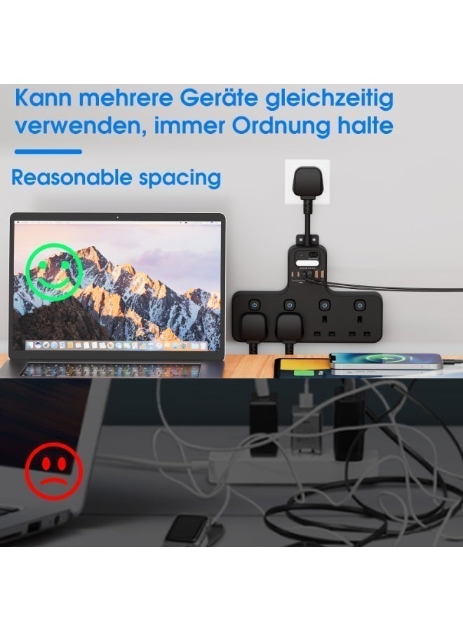 مقبس تمديد جداري بريطاني 10 في 1 | 4 مقابس بريطانية + 3 منافذ USB-C + 3 منافذ USB-A، مفاتيح تحكم منفصلة لكل مقبس، مصباح ليلي ذكي بمستشعر ضوء، محول طاقة محمول قابل للتثبيت على الحائط مناسب للإمارات والسعودية وبريطانيا للمنازل والفنادق والمكاتب - Image 3