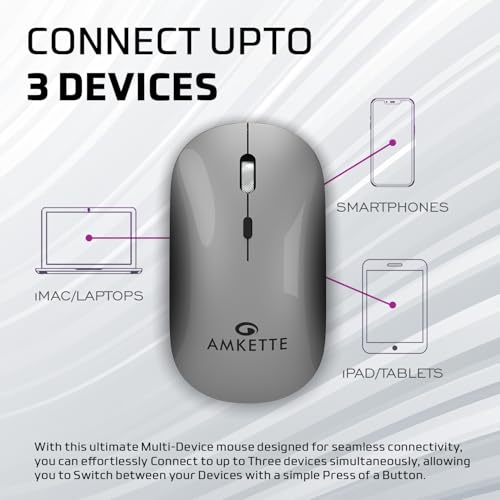 Amkette Hush Pro Epic LP Rechargeable Wireless Mouse/Bluetooth Mouse | Multi-Device Connectivity with 2.4 GHz & 2X BT, Silent Switches, Slim & Lightweight Travel-Friendly Design, Upto 3200 DPI (Grey) - Image 2
