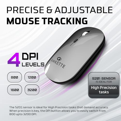Amkette Hush Pro Epic LP Rechargeable Wireless Mouse/Bluetooth Mouse | Multi-Device Connectivity with 2.4 GHz & 2X BT, Silent Switches, Slim & Lightweight Travel-Friendly Design, Upto 3200 DPI (Grey) - Image 4
