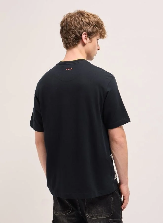 THE BEAR HOUSE Men's Black Oversize Graphic Design Crew Neck T-shirt Perfect For Casual Wear, Gym, Travel, Or Layering Stylish And Versatile Essential For Every Wardrobe