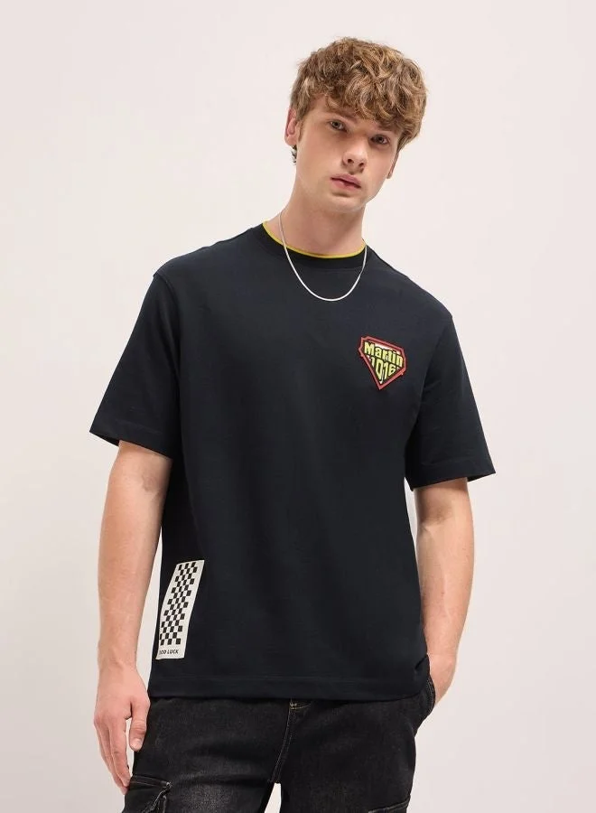 THE BEAR HOUSE Men's Black Oversize Graphic Design Crew Neck T-shirt Perfect For Casual Wear, Gym, Travel, Or Layering Stylish And Versatile Essential For Every Wardrobe