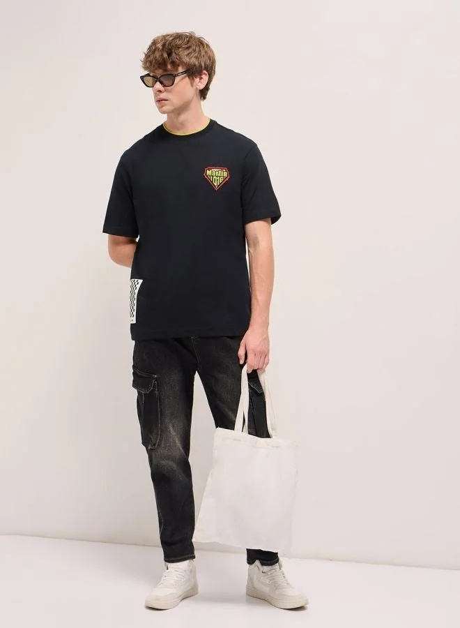 THE BEAR HOUSE Men's Black Oversize Graphic Design Crew Neck T-shirt Perfect For Casual Wear, Gym, Travel, Or Layering Stylish And Versatile Essential For Every Wardrobe
