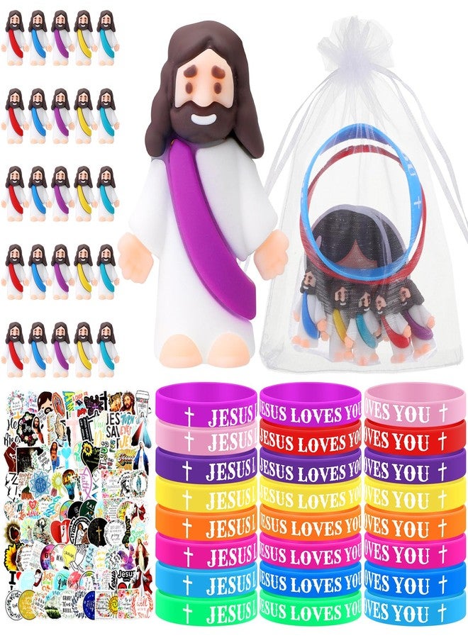 Bememo 25 Sets Christian Religious Gifts Sets Little Jesus Figure Silicone Jesus Loves You Bracelets Inspiring Stickers for Church Party Favors School Baptism Gifts(Multicolored) - Image 1