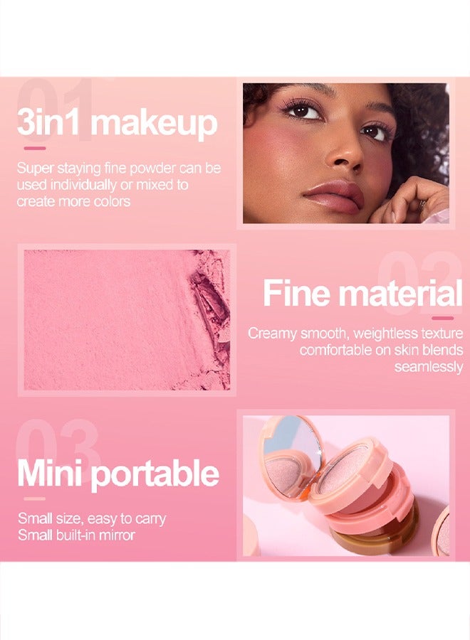 EELHOE 3 In 1 Highlight Brush Contouring - Powder Cheek For Face Blush Bronzer Palette Long-Lasting, Ultra-Thin, Natural And Bright Color Cushion Applicator Blendable Natural Makeup Face Blush（#01） - Image 4