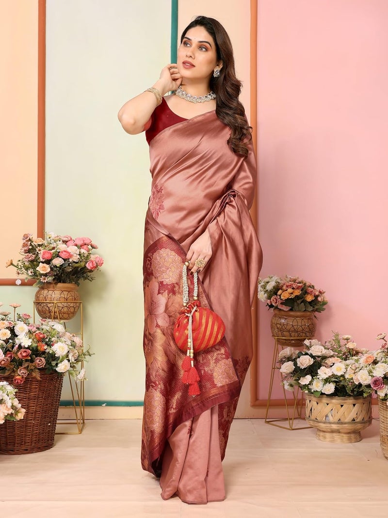 Sidhidata Women's Kanjivaram Banarasi Soft Silk Saree with Unstitched Blouse Piece - Silk Box Flower Design - Image 3