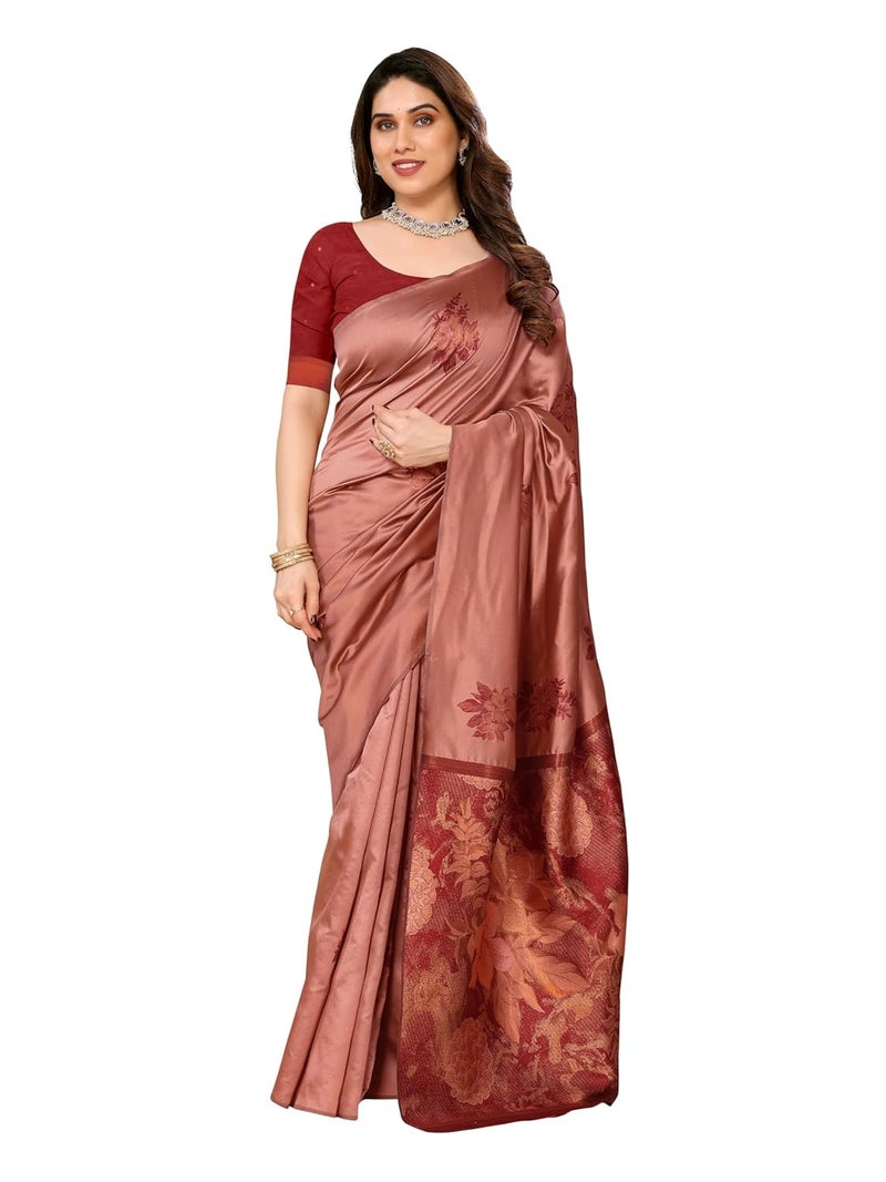 Sidhidata Women's Kanjivaram Banarasi Soft Silk Saree with Unstitched Blouse Piece - Silk Box Flower Design - Image 1