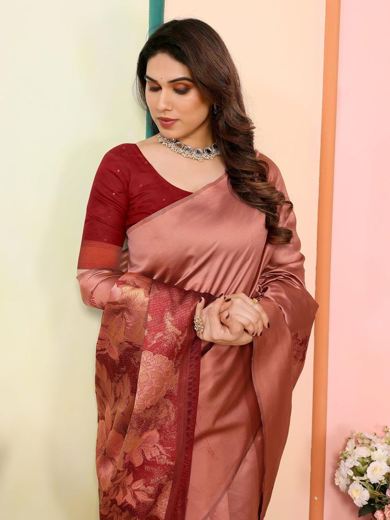 Sidhidata Women's Kanjivaram Banarasi Soft Silk Saree with Unstitched Blouse Piece - Silk Box Flower Design - Image 4
