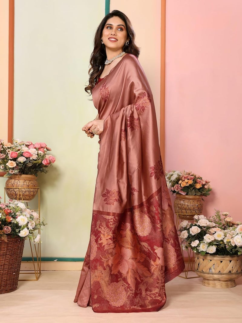 Sidhidata Women's Kanjivaram Banarasi Soft Silk Saree with Unstitched Blouse Piece - Silk Box Flower Design - Image 5