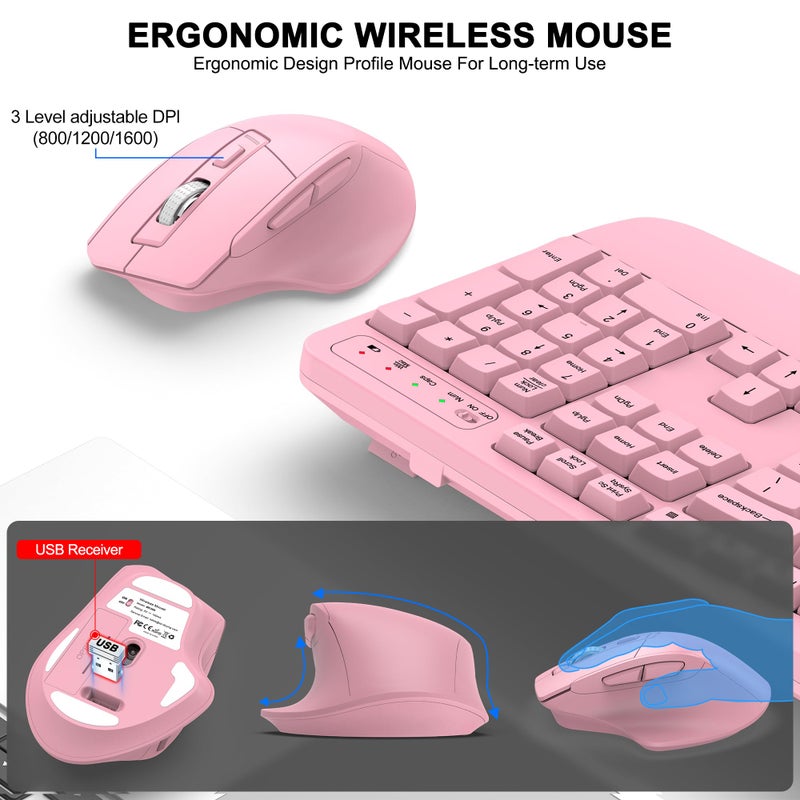 ULSOU Wireless Keyboard and Mouse Combo, 2.4G Full Size Wave Keys Ergonomic Keyboard with Wrist Rest and 3-Level DPI Adjustable Wireless Ergonomic Mouse for Windows, Mac OS Desktop/Laptop/PC(Pink) - Image 4