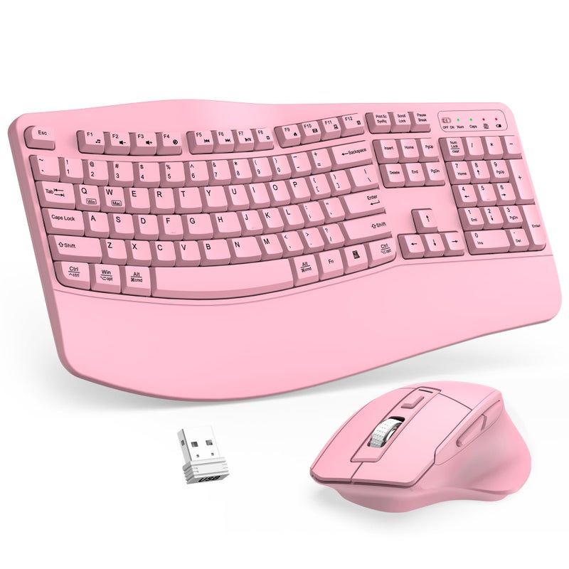 ULSOU Wireless Keyboard and Mouse Combo, 2.4G Full Size Wave Keys Ergonomic Keyboard with Wrist Rest and 3-Level DPI Adjustable Wireless Ergonomic Mouse for Windows, Mac OS Desktop/Laptop/PC(Pink) - Image 1