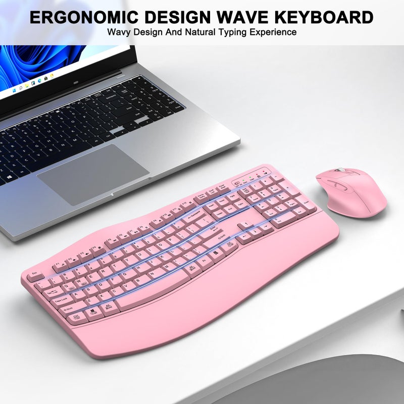 ULSOU Wireless Keyboard and Mouse Combo, 2.4G Full Size Wave Keys Ergonomic Keyboard with Wrist Rest and 3-Level DPI Adjustable Wireless Ergonomic Mouse for Windows, Mac OS Desktop/Laptop/PC(Pink) - Image 2