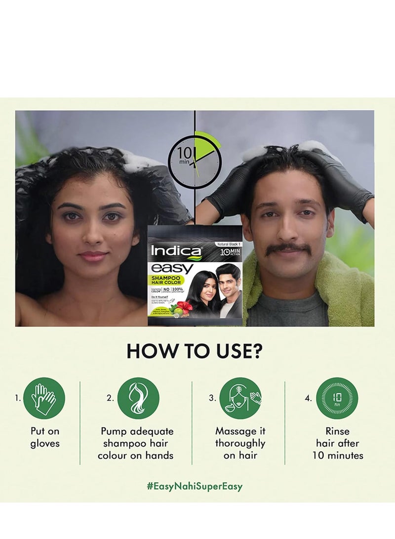 Indica Indica Easy Do-It-Yourself 10 Minutes Hair Color Shampoo with 5 Herbal Extracts and 100% Ammonia Free, Long Lasting Formula, (12.5g + 12.5ml) - Natural Black Colour (Gloves Included) - Image 5