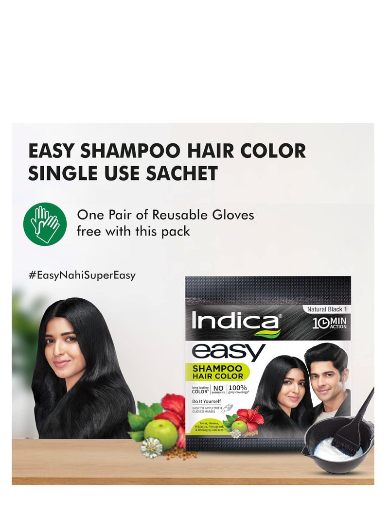 Indica Indica Easy Do-It-Yourself 10 Minutes Hair Color Shampoo with 5 Herbal Extracts and 100% Ammonia Free, Long Lasting Formula, (12.5g + 12.5ml) - Natural Black Colour (Gloves Included) - Image 3