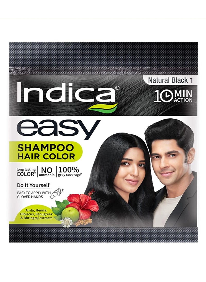 Indica Indica Easy Do-It-Yourself 10 Minutes Hair Color Shampoo with 5 Herbal Extracts and 100% Ammonia Free, Long Lasting Formula, (12.5g + 12.5ml) - Natural Black Colour (Gloves Included) - Image 1