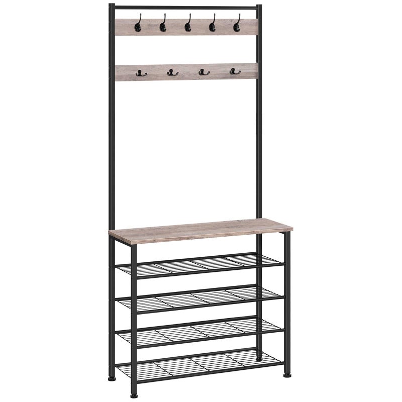 HOOBRO Hall Tree, Coat Rack with Shoe Rack, Hall Tree with Bench, 5 Tier Shoe Storage Organizer with 9 Hooks for Entryway, Closet, Sturdy, Industrial, Greige and Black BG80MT01G2 - Image 1