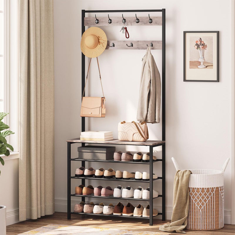 HOOBRO Hall Tree, Coat Rack with Shoe Rack, Hall Tree with Bench, 5 Tier Shoe Storage Organizer with 9 Hooks for Entryway, Closet, Sturdy, Industrial, Greige and Black BG80MT01G2 - Image 3