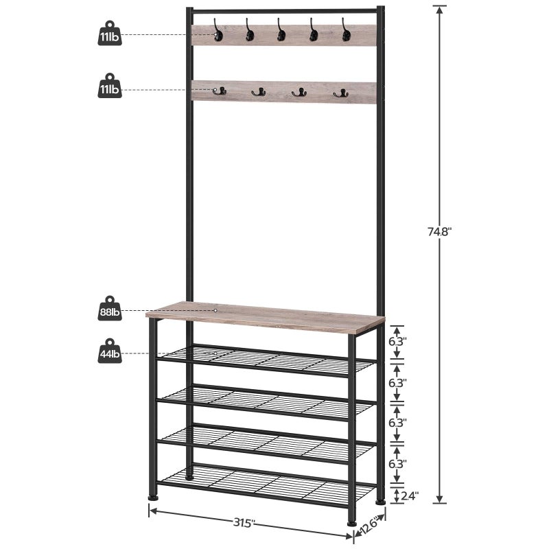 HOOBRO Hall Tree, Coat Rack with Shoe Rack, Hall Tree with Bench, 5 Tier Shoe Storage Organizer with 9 Hooks for Entryway, Closet, Sturdy, Industrial, Greige and Black BG80MT01G2 - Image 4