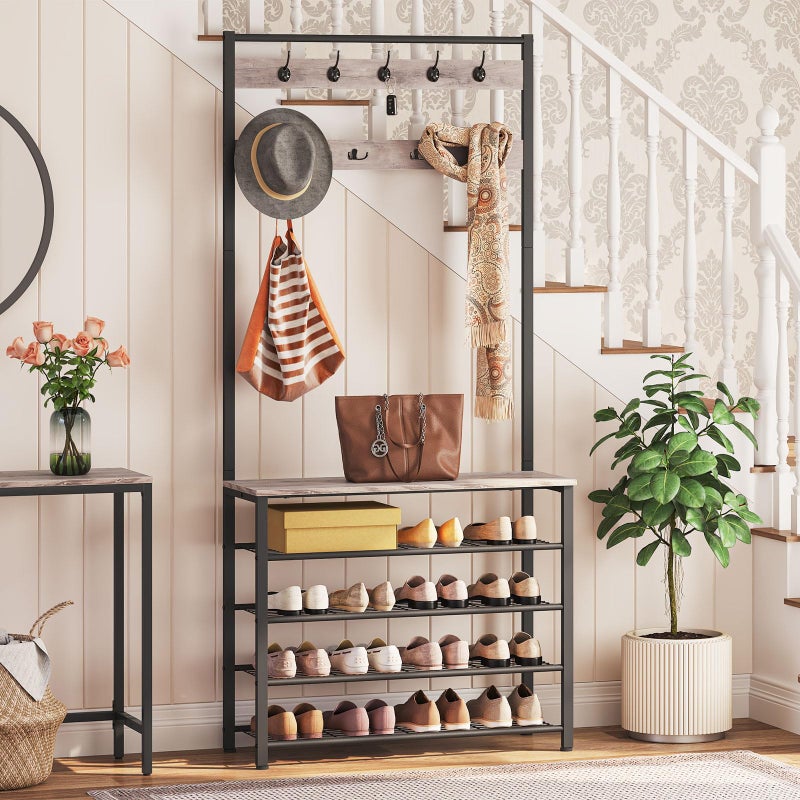 HOOBRO Hall Tree, Coat Rack with Shoe Rack, Hall Tree with Bench, 5 Tier Shoe Storage Organizer with 9 Hooks for Entryway, Closet, Sturdy, Industrial, Greige and Black BG80MT01G2 - Image 2