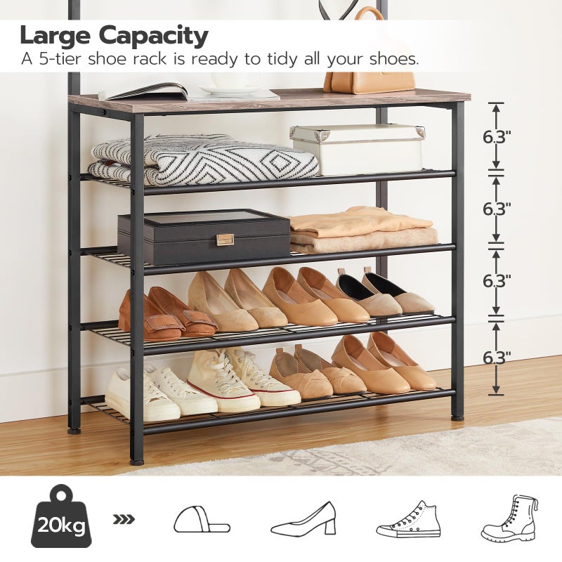 HOOBRO Hall Tree, Coat Rack with Shoe Rack, Hall Tree with Bench, 5 Tier Shoe Storage Organizer with 9 Hooks for Entryway, Closet, Sturdy, Industrial, Greige and Black BG80MT01G2 - Image 5