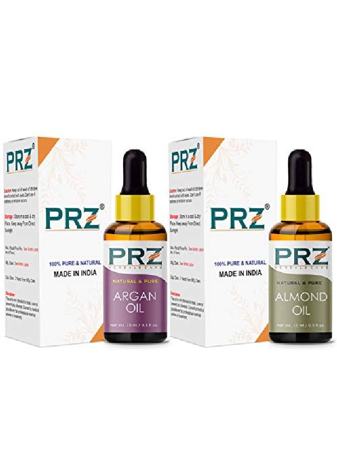 PRZ Combo of Cold Pressed Moroccan Argan & Almond Carrier Oil 100% Pure l & Therapeutic Grade Oil for Aromatherapy Body Massage Skin Care & Hair Growth (15ML Each) - Image 3