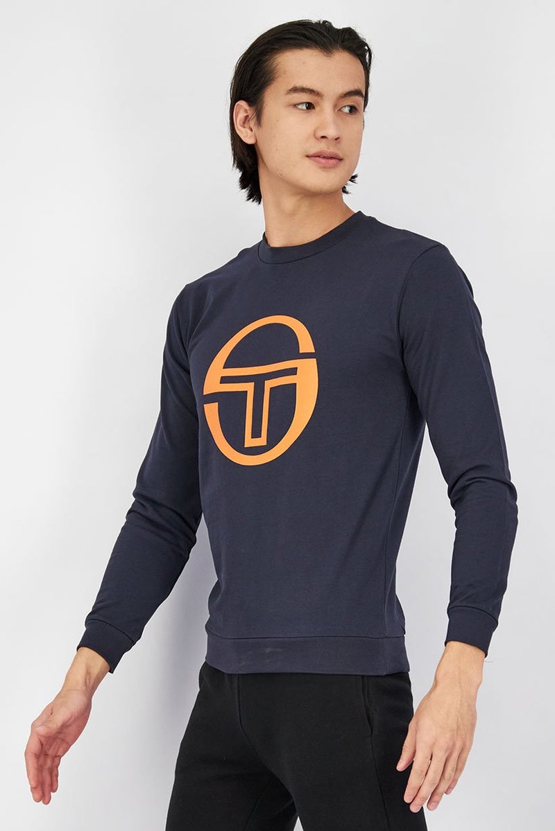 Sergio Tacchini Men Crew Neck Brand Logo Print Long Sleeves Sweatshirt, Navy and Orange - Image 3