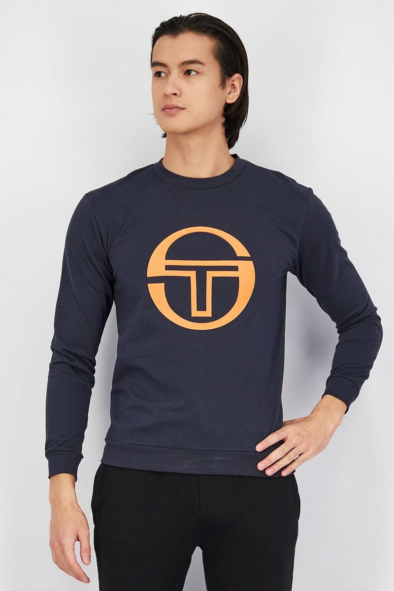 Sergio Tacchini Men Crew Neck Brand Logo Print Long Sleeves Sweatshirt, Navy and Orange - Image 1