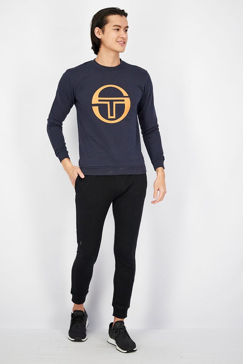 Sergio Tacchini Men Crew Neck Brand Logo Print Long Sleeves Sweatshirt, Navy and Orange - Image 4