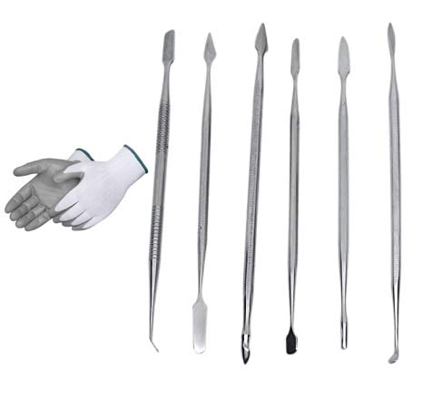 Digital Craft Stainless Steel Spatula and Chisel Wax Carver Probes Dental Picks and Clay Sculpting Tools Set of 6 Pieces with Hand Gloves