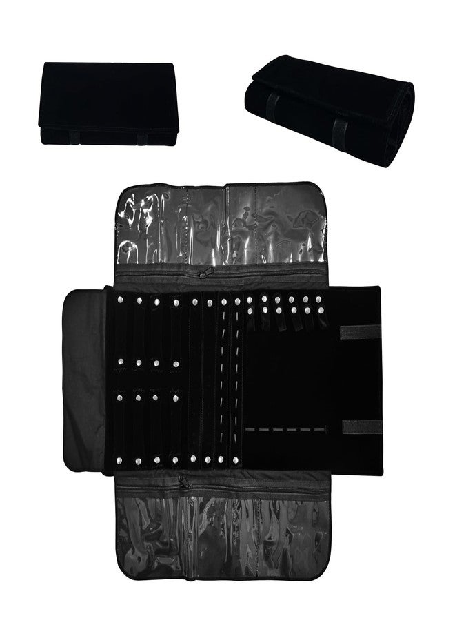 SCIKHEFT Velvet Travel Jewelry Case Roll Bag Organizer for Necklace Bracelet Earrings Ring (Black) - Image 2