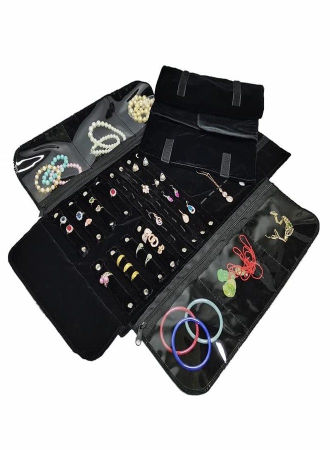 SCIKHEFT Velvet Travel Jewelry Case Roll Bag Organizer for Necklace Bracelet Earrings Ring (Black) - Image 1